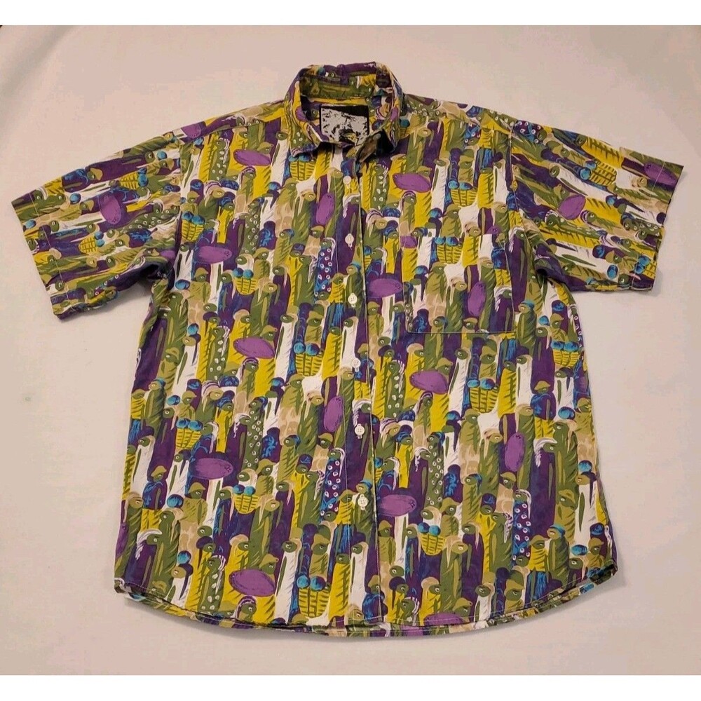 Vtg Sole Survivor Gramicci Womens M Abstract Tribal Fish Motif Green/Tan Shirt